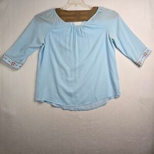 Mine Too Light Blue Embroidered Sleeve Keyhole Neck Blouse Top Plus Size 3XL